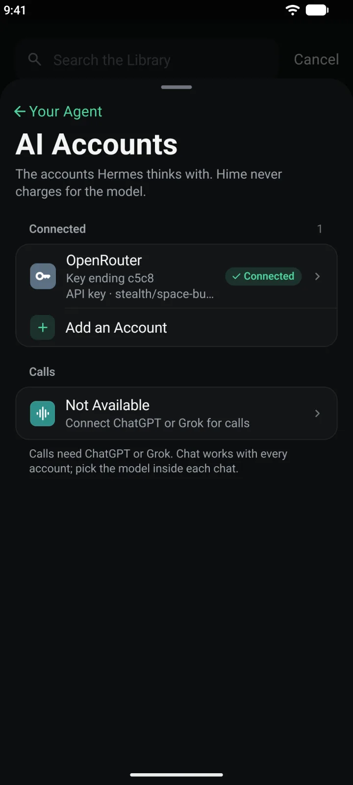 AI Accounts, with Add an Account under Connected