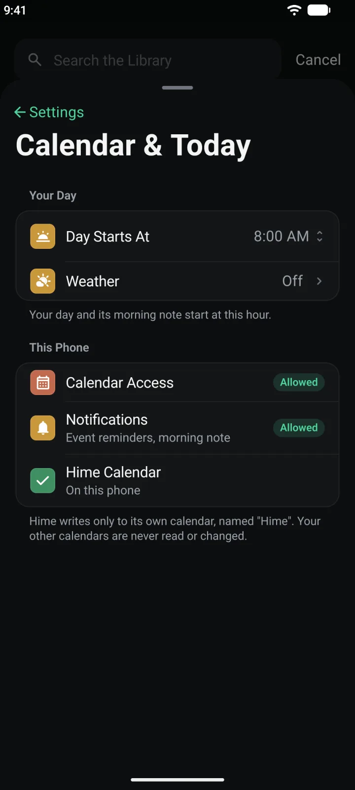 Calendar and Today in Settings, where calendar access can be turned on later