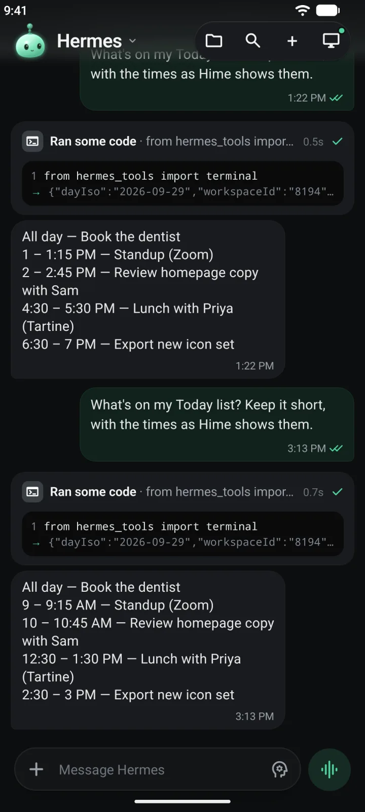 The Chat pane with Hermes: a question about Today, a card for the code it ran, and its answer