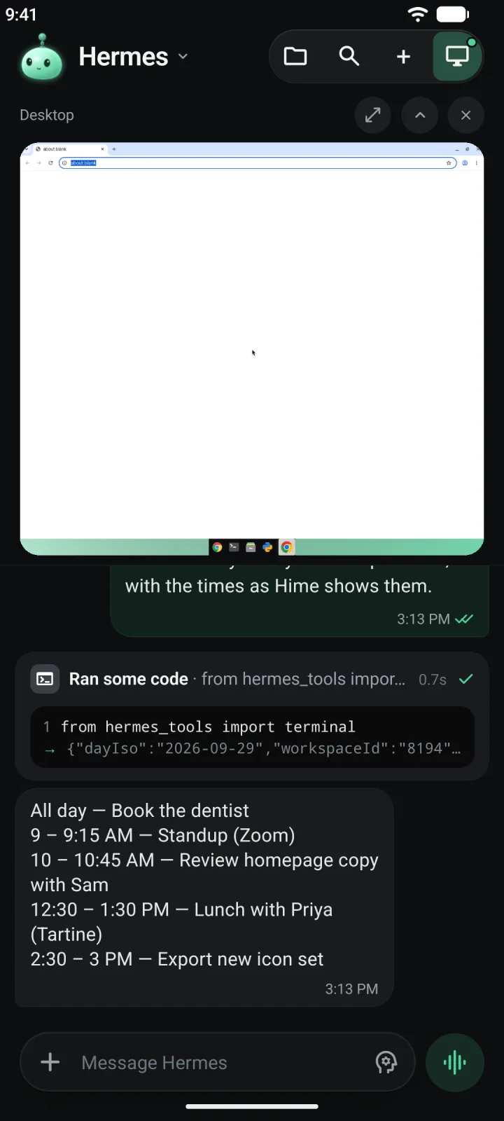 The Chat pane with the agent's desktop showing a browser above the conversation