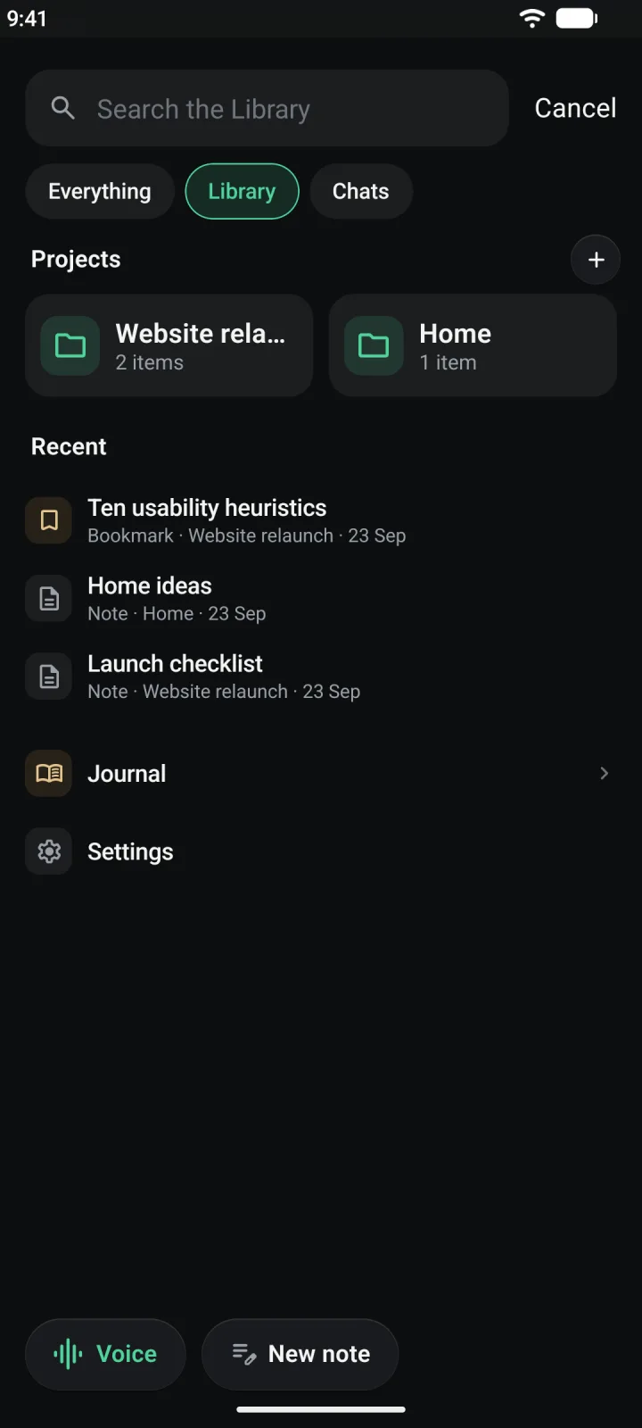 The Library sheet, with the search field, the Everything, Library and Chats chips, two projects, Recent, Journal and Settings