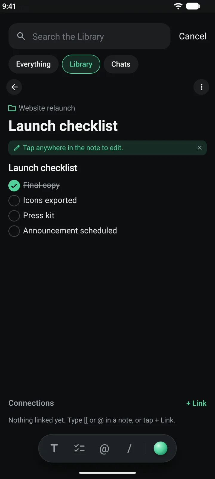 A note called Launch checklist, with a checklist, the Connections section and the format pill at the bottom