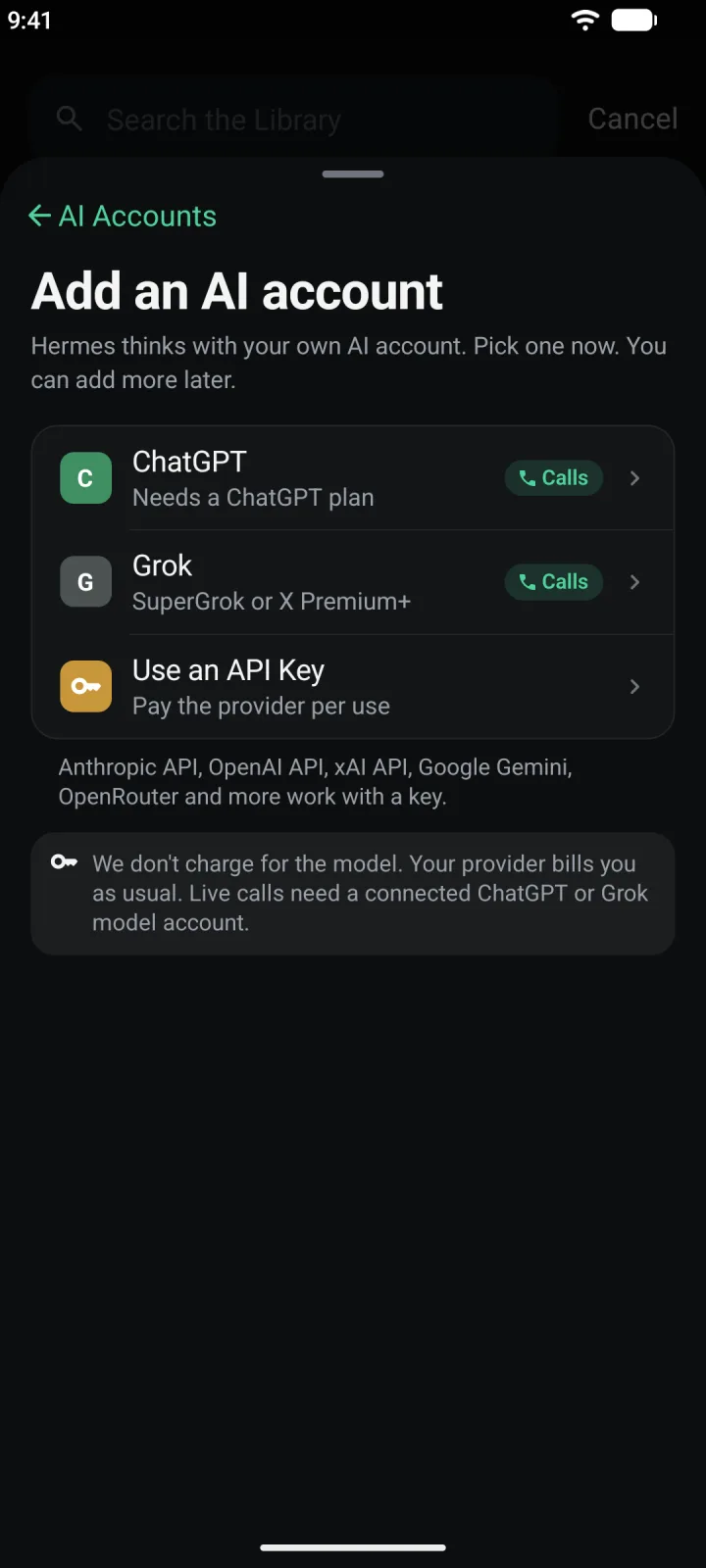 Add an AI account, with ChatGPT, Grok and Use an API Key