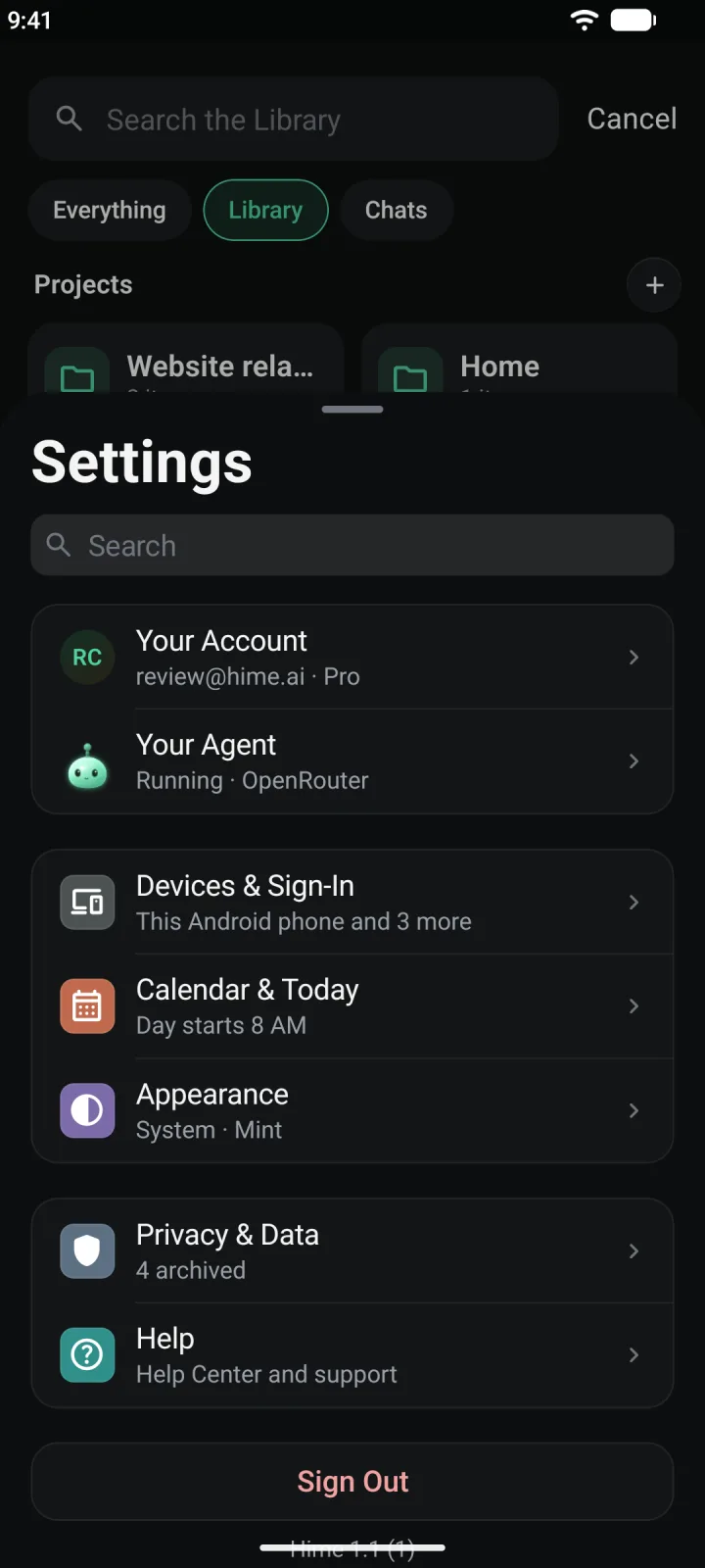 Settings, with Your Account, Your Agent, Devices & Sign-In, Calendar & Today, Appearance, Privacy & Data, Help and Sign Out