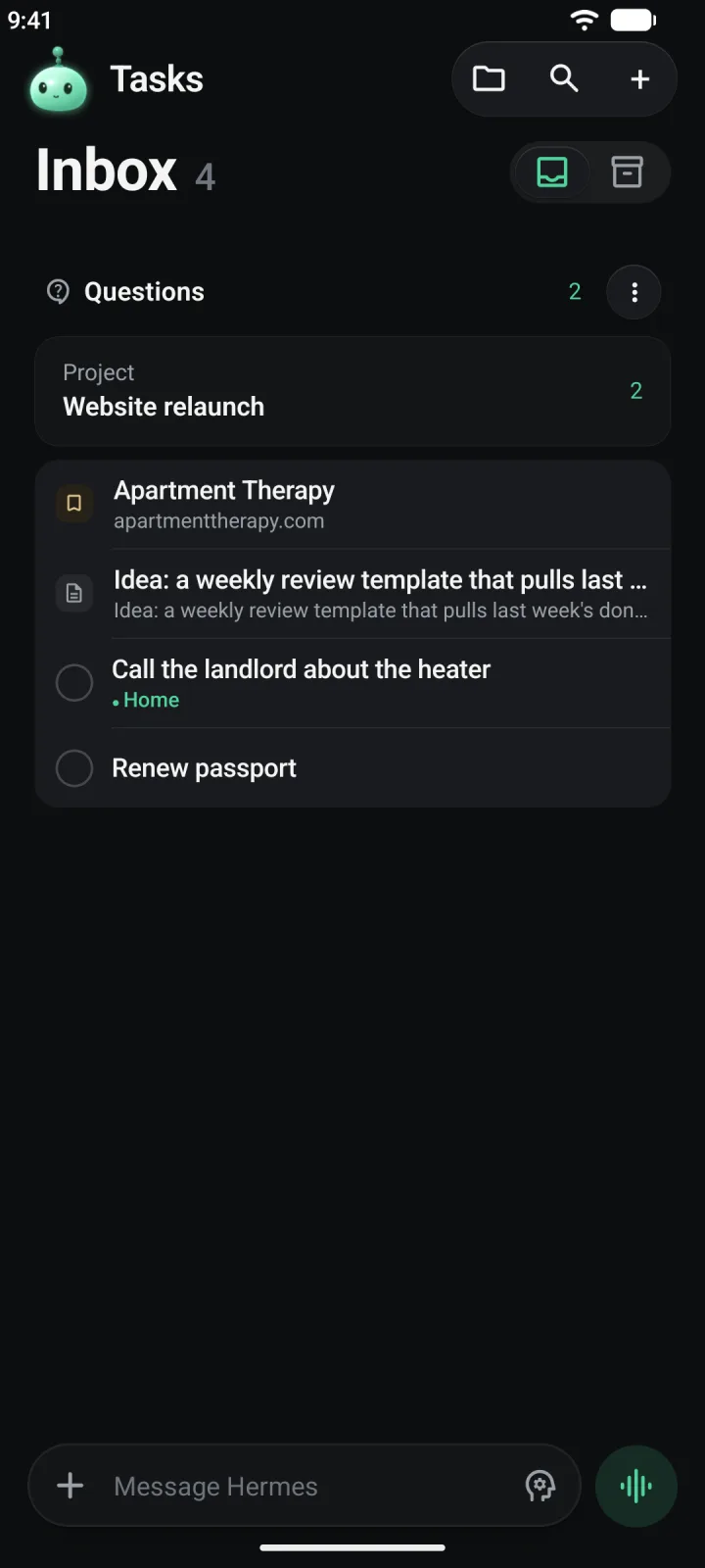 The Tasks pane showing the Inbox with a Questions card, a bookmark, a note and two tasks
