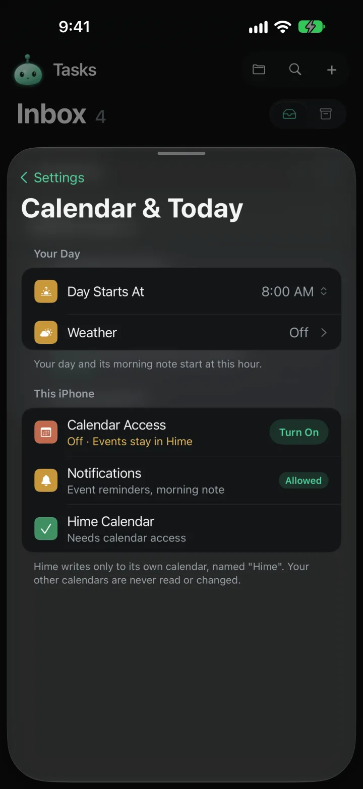 Calendar and Today in Settings, where calendar access can be turned on later