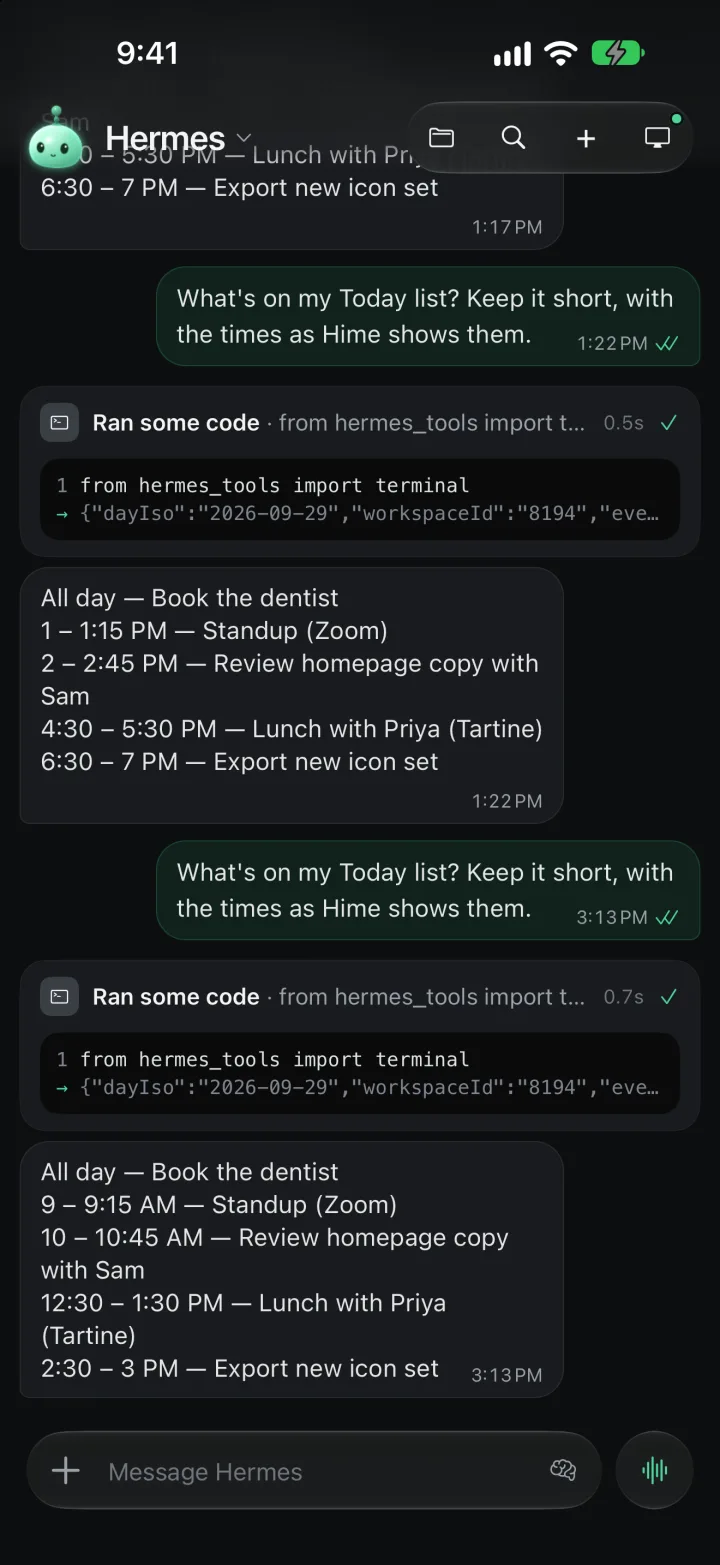 The Chat pane with Hermes: a question about Today, a card for the code it ran, and its answer