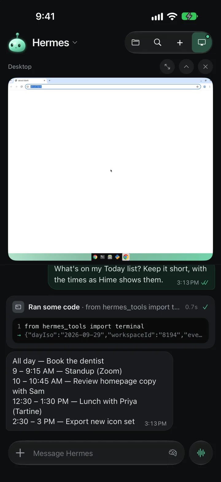 The Chat pane with the agent's desktop showing a browser above the conversation