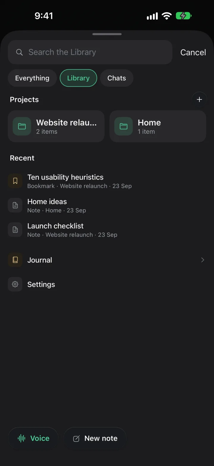 The Library sheet, with the search field, the Everything, Library and Chats chips, two projects, Recent, Journal and Settings