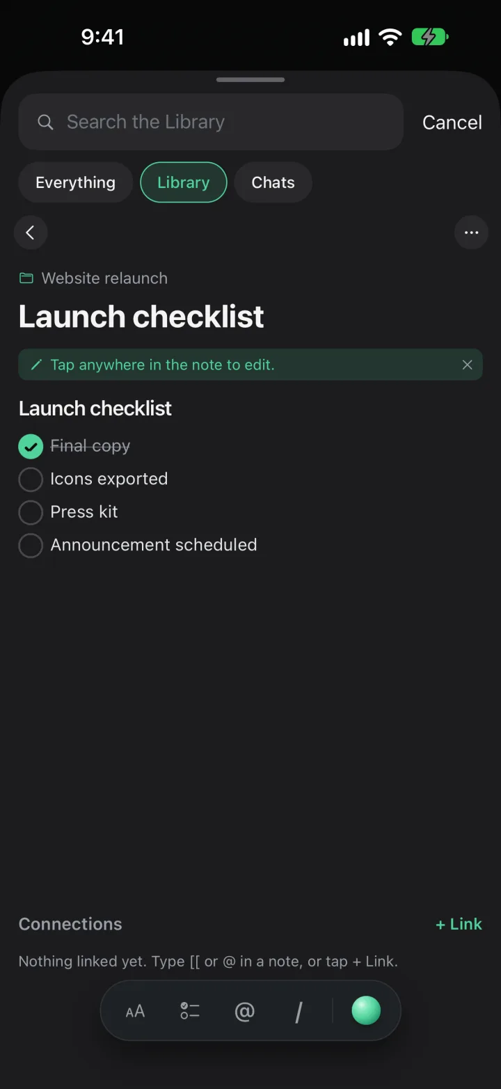 A note called Launch checklist, with a checklist, the Connections section and the format pill at the bottom