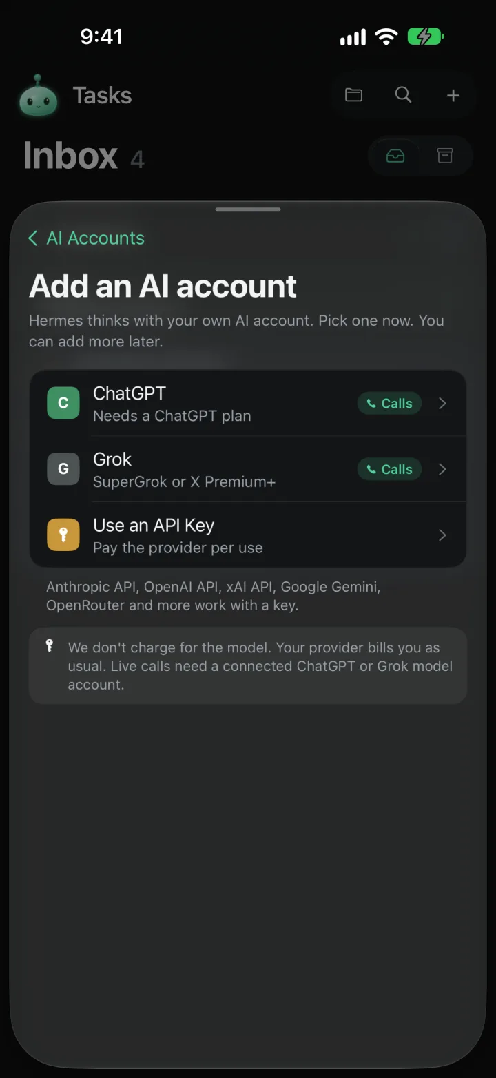 Add an AI account, with ChatGPT, Grok and Use an API Key