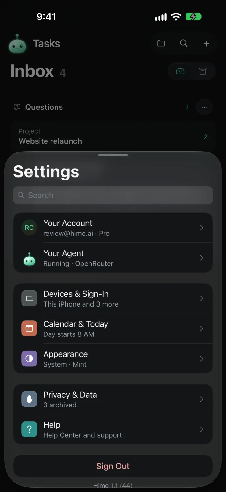 Settings, with Your Account, Your Agent, Devices & Sign-In, Calendar & Today, Appearance, Privacy & Data, Help and Sign Out