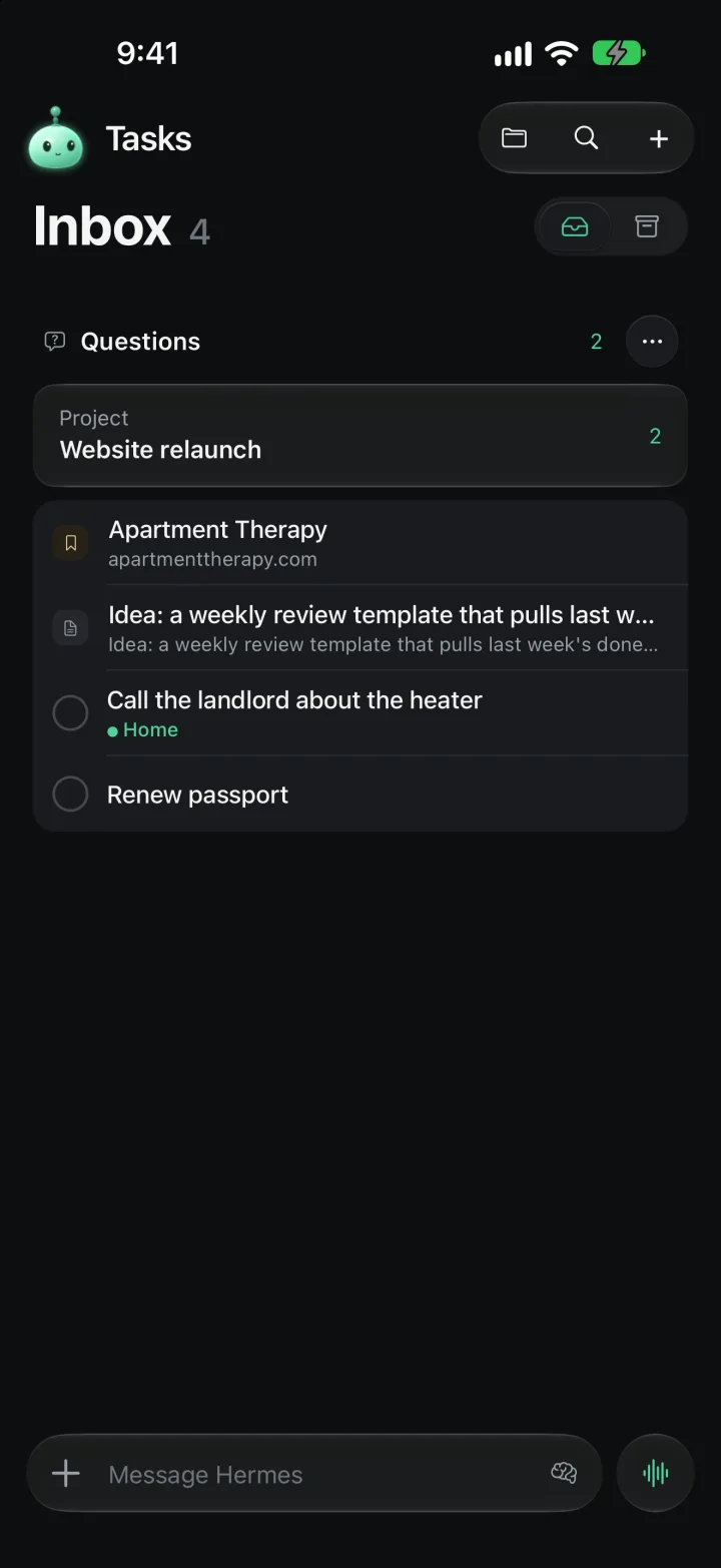 The Tasks pane showing the Inbox with a Questions card, a bookmark, a note and two tasks